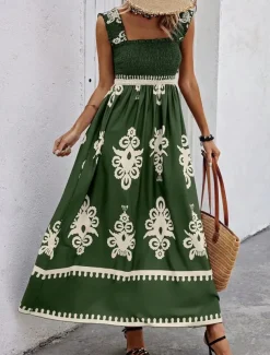 Women's Long Dress Maxi Dress Casual Dress A Line Dress Summer Dress Boho Dress Bohemia Hawaiian Stylish Vacation Daily Date Regular Fit Graphic Sleeveless Square Neck Black Pink Red Green Summer
