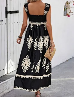 Women's Long Dress Maxi Dress Casual Dress A Line Dress Summer Dress Boho Dress Bohemia Hawaiian Stylish Vacation Daily Date Regular Fit Graphic Sleeveless Square Neck Black Pink Red Green Summer