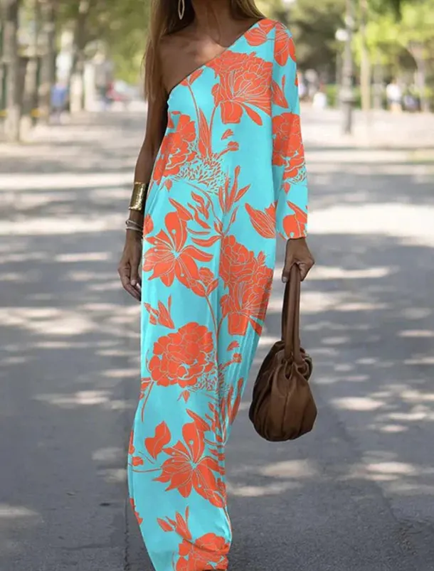 Women's Long Dress Maxi Dress Casual Dress Print Dress Floral Geometric Fashion Streetwear Outdoor Holiday Going out Print Long Sleeve One Shoulder Dress Slim ArmyGreen Blue Orange Summer Spring S M