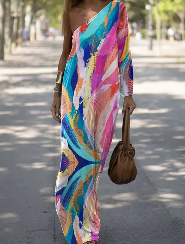 Women's Long Dress Maxi Dress Casual Dress Print Dress Floral Geometric Fashion Streetwear Outdoor Holiday Going out Print Long Sleeve One Shoulder Dress Slim ArmyGreen Blue Orange Summer Spring S M