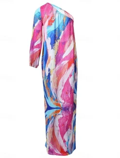 Women's Long Dress Maxi Dress Casual Dress Print Dress Floral Geometric Fashion Streetwear Outdoor Holiday Going out Print Long Sleeve One Shoulder Dress Slim ArmyGreen Blue Orange Summer Spring S M