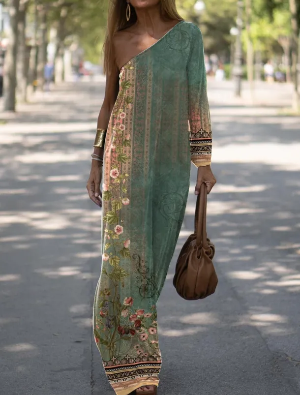 Women's Long Dress Maxi Dress Casual Dress Print Dress Floral Geometric Fashion Streetwear Outdoor Holiday Going out Print Long Sleeve One Shoulder Dress Slim ArmyGreen Blue Orange Summer Spring S M