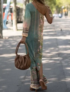 Women's Long Dress Maxi Dress Casual Dress Print Dress Floral Geometric Fashion Streetwear Outdoor Holiday Going out Print Long Sleeve One Shoulder Dress Slim ArmyGreen Blue Orange Summer Spring S M