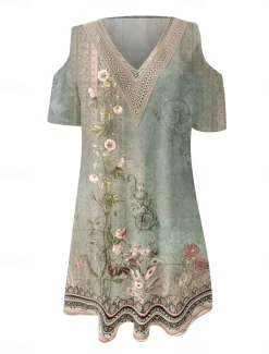 Women's Long Dress Maxi Dress A Line Dress Boho Dress Elegant Stylish Casual Vacation Daily Regular Fit Floral Short Sleeve V Neck Red Blue Purple Green Summer Spring