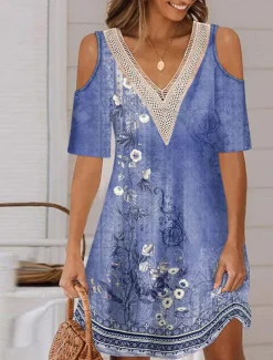 Women's Long Dress Maxi Dress A Line Dress Boho Dress Elegant Stylish Casual Vacation Daily Regular Fit Floral Short Sleeve V Neck Red Blue Purple Green Summer Spring