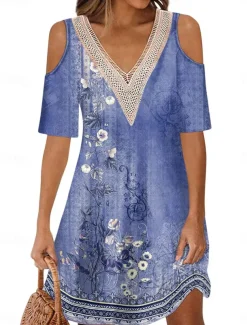 Women's Long Dress Maxi Dress A Line Dress Boho Dress Elegant Stylish Casual Vacation Daily Regular Fit Floral Short Sleeve V Neck Red Blue Purple Green Summer Spring