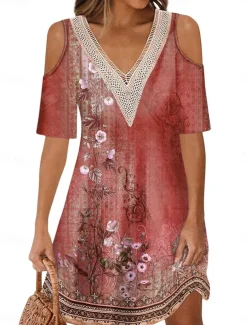 Women's Long Dress Maxi Dress A Line Dress Boho Dress Elegant Stylish Casual Vacation Daily Regular Fit Floral Short Sleeve V Neck Red Blue Purple Green Summer Spring