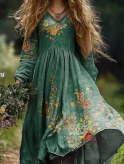 Women's Long Dress Maxi Dress Casual Dress Summer Dress Boho Dress Tribal Vacation Daily Regular Fit Floral Long Sleeve V Neck Light Green Navy Blue Dark Green Emerald Green Summer