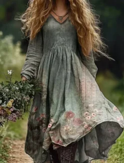 Women's Long Dress Maxi Dress Casual Dress Summer Dress Boho Dress Tribal Vacation Daily Regular Fit Floral Long Sleeve V Neck Light Green Navy Blue Dark Green Emerald Green Summer