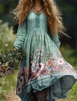 Women's Long Dress Maxi Dress Casual Dress Summer Dress Boho Dress Tribal Vacation Daily Regular Fit Floral Long Sleeve V Neck Light Green Navy Blue Dark Green Emerald Green Summer