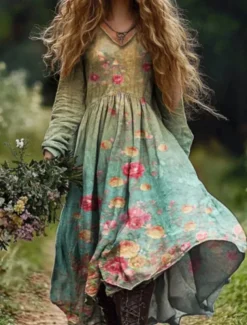 Women's Long Dress Maxi Dress Casual Dress Summer Dress Boho Dress Tribal Vacation Daily Regular Fit Floral Long Sleeve V Neck Light Green Navy Blue Dark Green Emerald Green Summer