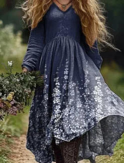 Women's Long Dress Maxi Dress Casual Dress Summer Dress Boho Dress Tribal Vacation Daily Regular Fit Floral Long Sleeve V Neck Light Green Navy Blue Dark Green Emerald Green Summer