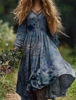 Women's Long Dress Maxi Dress Casual Dress Summer Dress Boho Dress Tribal Vacation Daily Regular Fit Floral Long Sleeve V Neck Light Green Navy Blue Dark Green Emerald Green Summer