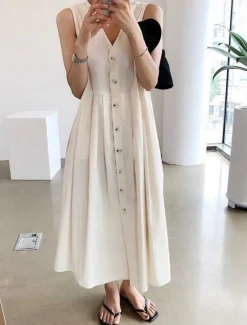 Women's Long Dress Maxi Dress Linen-Inspired Dresses Casual Dress Stylish Casual Vacation Daily Date Regular Fit Plain Sleeveless V Neck Black Blue Apricot Summer Spring