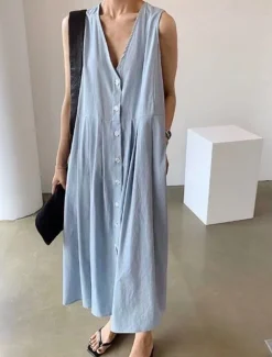 Women's Long Dress Maxi Dress Linen-Inspired Dresses Casual Dress Stylish Casual Vacation Daily Date Regular Fit Plain Sleeveless V Neck Black Blue Apricot Summer Spring