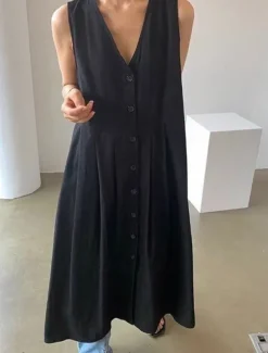 Women's Long Dress Maxi Dress Linen-Inspired Dresses Casual Dress Stylish Casual Vacation Daily Date Regular Fit Plain Sleeveless V Neck Black Blue Apricot Summer Spring