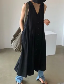 Women's Long Dress Maxi Dress Linen-Inspired Dresses Casual Dress Stylish Casual Vacation Daily Date Regular Fit Plain Sleeveless V Neck Black Blue Apricot Summer Spring