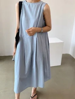 Women's Long Dress Maxi Dress Linen-Inspired Dresses Casual Dress Stylish Casual Vacation Daily Date Regular Fit Plain Sleeveless V Neck Black Blue Apricot Summer Spring