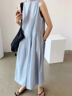 Women's Long Dress Maxi Dress Linen-Inspired Dresses Casual Dress Stylish Casual Vacation Daily Date Regular Fit Plain Sleeveless V Neck Black Blue Apricot Summer Spring