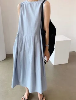 Women's Long Dress Maxi Dress Linen-Inspired Dresses Casual Dress Stylish Casual Vacation Daily Date Regular Fit Plain Sleeveless V Neck Black Blue Apricot Summer Spring