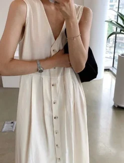 Women's Long Dress Maxi Dress Linen-Inspired Dresses Casual Dress Stylish Casual Vacation Daily Date Regular Fit Plain Sleeveless V Neck Black Blue Apricot Summer Spring