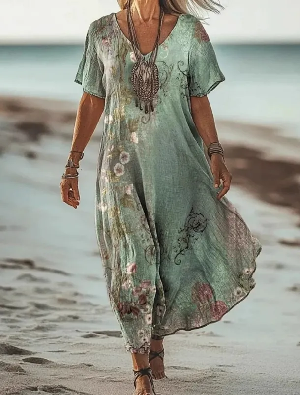 Women's Long Dress Maxi Dress Casual Dress Summer Dress Boho Dress African Vacation Daily Weekend Regular Fit Floral Short Sleeve V Neck Light Green Purple Green Apricot Summer