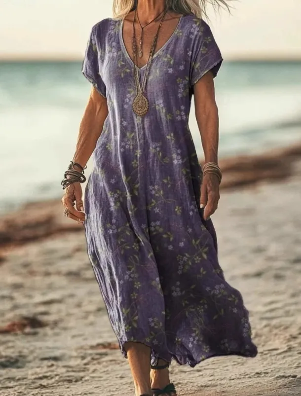 Women's Long Dress Maxi Dress Casual Dress Summer Dress Boho Dress African Vacation Daily Weekend Regular Fit Floral Short Sleeve V Neck Light Green Purple Green Apricot Summer