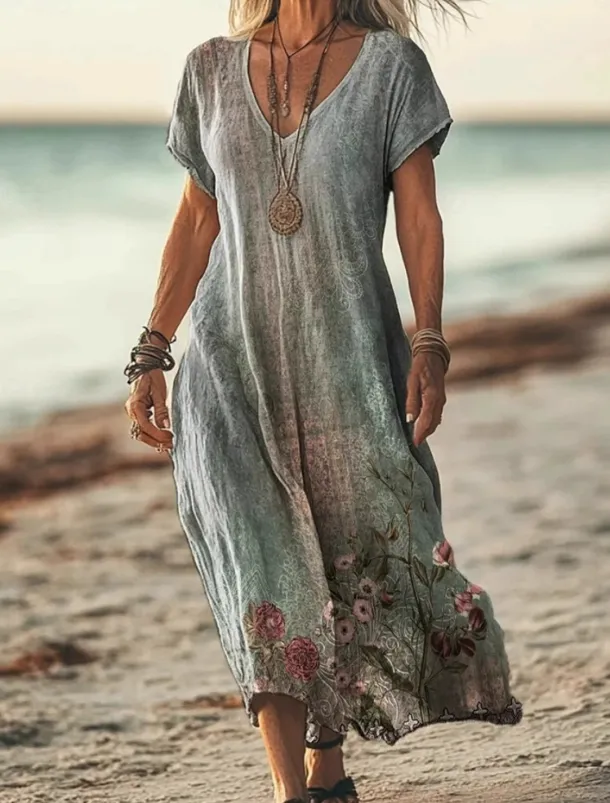 Women's Long Dress Maxi Dress Casual Dress Summer Dress Boho Dress African Vacation Daily Weekend Regular Fit Floral Short Sleeve V Neck Light Green Purple Green Apricot Summer