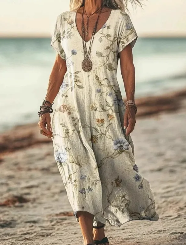 Women's Long Dress Maxi Dress Casual Dress Summer Dress Boho Dress African Vacation Daily Weekend Regular Fit Floral Short Sleeve V Neck Light Green Purple Green Apricot Summer