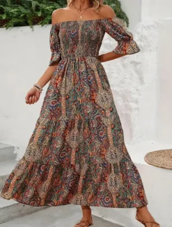 Women's Long Dress Maxi Dress A Line Dress Summer Dress Boho Dress Elegant Bohemia Stylish Vacation Daily Date Regular Fit Graphic Short Sleeve Off Shoulder Green Dark Blue Summer