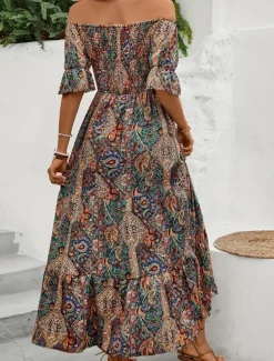 Women's Long Dress Maxi Dress A Line Dress Summer Dress Boho Dress Elegant Bohemia Stylish Vacation Daily Date Regular Fit Graphic Short Sleeve Off Shoulder Green Dark Blue Summer