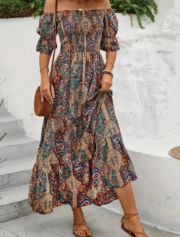 Women's Long Dress Maxi Dress A Line Dress Summer Dress Boho Dress Elegant Bohemia Stylish Vacation Daily Date Regular Fit Graphic Short Sleeve Off Shoulder Green Dark Blue Summer