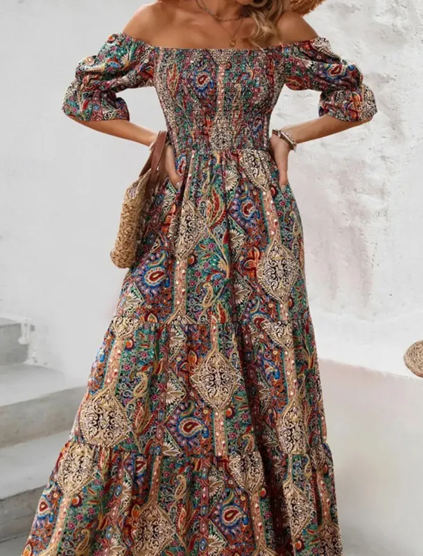 Women's Long Dress Maxi Dress A Line Dress Summer Dress Boho Dress Elegant Bohemia Stylish Vacation Daily Date Regular Fit Graphic Short Sleeve Off Shoulder Green Dark Blue Summer