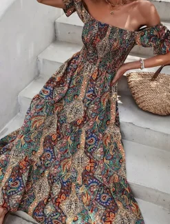 Women's Long Dress Maxi Dress A Line Dress Summer Dress Boho Dress Elegant Bohemia Stylish Vacation Daily Date Regular Fit Graphic Short Sleeve Off Shoulder Green Dark Blue Summer
