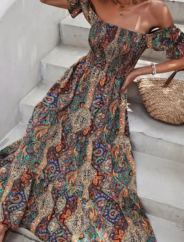 Women's Long Dress Maxi Dress A Line Dress Summer Dress Boho Dress Elegant Bohemia Stylish Vacation Daily Date Regular Fit Graphic Short Sleeve Off Shoulder Green Dark Blue Summer