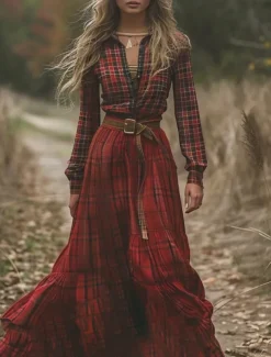 Women's Long Dress Maxi Dress Plaid Dress Casual Dress Swing Dress Summer Dress Vintage Vacation Daily Holiday Regular Fit Plaid Long Sleeve V Neck Wine Summer