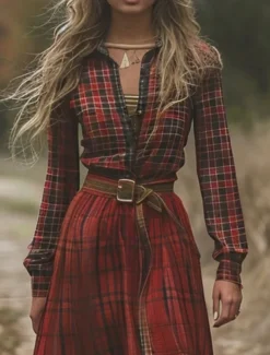 Women's Long Dress Maxi Dress Plaid Dress Casual Dress Swing Dress Summer Dress Vintage Vacation Daily Holiday Regular Fit Plaid Long Sleeve V Neck Wine Summer