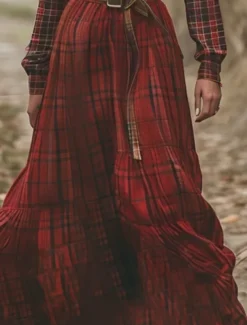 Women's Long Dress Maxi Dress Plaid Dress Casual Dress Swing Dress Summer Dress Vintage Vacation Daily Holiday Regular Fit Plaid Long Sleeve V Neck Wine Summer