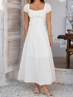 Women's Long Dress Maxi Dress White Dress Casual Dress Swing Dress Summer Dress Fashion Modern Elegant Dress Daily Date Weekend Regular Fit Plain Short Sleeve Square Neck Black White Yellow Navy Blue