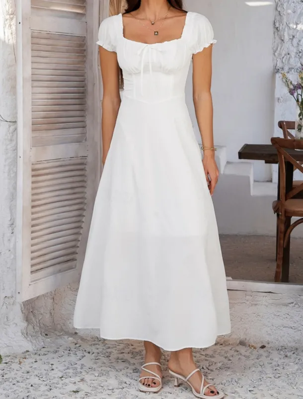 Women's Long Dress Maxi Dress White Dress Casual Dress Swing Dress Summer Dress Fashion Modern Elegant Dress Daily Date Weekend Regular Fit Plain Short Sleeve Square Neck Black White Yellow Navy Blue