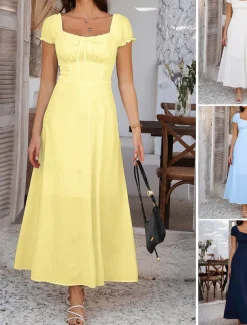 Women's Long Dress Maxi Dress White Dress Casual Dress Swing Dress Summer Dress Fashion Modern Elegant Dress Daily Date Weekend Regular Fit Plain Short Sleeve Square Neck Black White Yellow Navy Blue