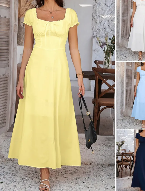 Women's Long Dress Maxi Dress White Dress Casual Dress Swing Dress Summer Dress Fashion Modern Elegant Dress Daily Date Weekend Regular Fit Plain Short Sleeve Square Neck Black White Yellow Navy Blue