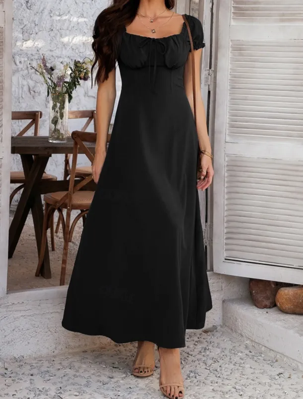 Women's Long Dress Maxi Dress White Dress Casual Dress Swing Dress Summer Dress Fashion Modern Elegant Dress Daily Date Weekend Regular Fit Plain Short Sleeve Square Neck Black White Yellow Navy Blue