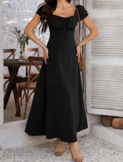 Women's Long Dress Maxi Dress White Dress Casual Dress Swing Dress Summer Dress Fashion Modern Elegant Dress Daily Date Weekend Regular Fit Plain Short Sleeve Square Neck Black White Yellow Navy Blue