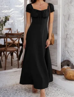 Women's Long Dress Maxi Dress White Dress Casual Dress Swing Dress Summer Dress Fashion Modern Elegant Dress Daily Date Weekend Regular Fit Plain Short Sleeve Square Neck Black White Yellow Navy Blue