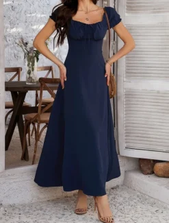 Women's Long Dress Maxi Dress White Dress Casual Dress Swing Dress Summer Dress Fashion Modern Elegant Dress Daily Date Weekend Regular Fit Plain Short Sleeve Square Neck Black White Yellow Navy Blue