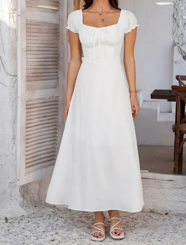 Women's Long Dress Maxi Dress White Dress Casual Dress Swing Dress Summer Dress Fashion Modern Elegant Dress Daily Date Weekend Regular Fit Plain Short Sleeve Square Neck Black White Yellow Navy Blue