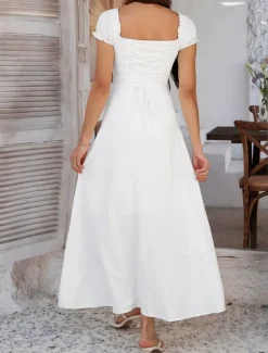 Women's Long Dress Maxi Dress White Dress Casual Dress Swing Dress Summer Dress Fashion Modern Elegant Dress Daily Date Weekend Regular Fit Plain Short Sleeve Square Neck Black White Yellow Navy Blue