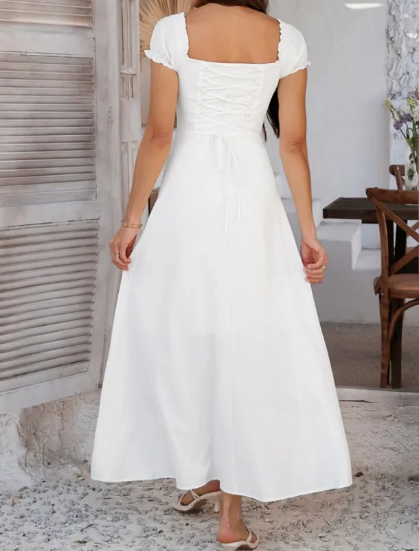 Women's Long Dress Maxi Dress White Dress Casual Dress Swing Dress Summer Dress Fashion Modern Elegant Dress Daily Date Weekend Regular Fit Plain Short Sleeve Square Neck Black White Yellow Navy Blue