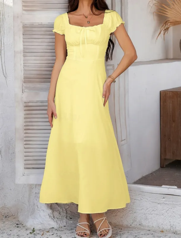 Women's Long Dress Maxi Dress White Dress Casual Dress Swing Dress Summer Dress Fashion Modern Elegant Dress Daily Date Weekend Regular Fit Plain Short Sleeve Square Neck Black White Yellow Navy Blue